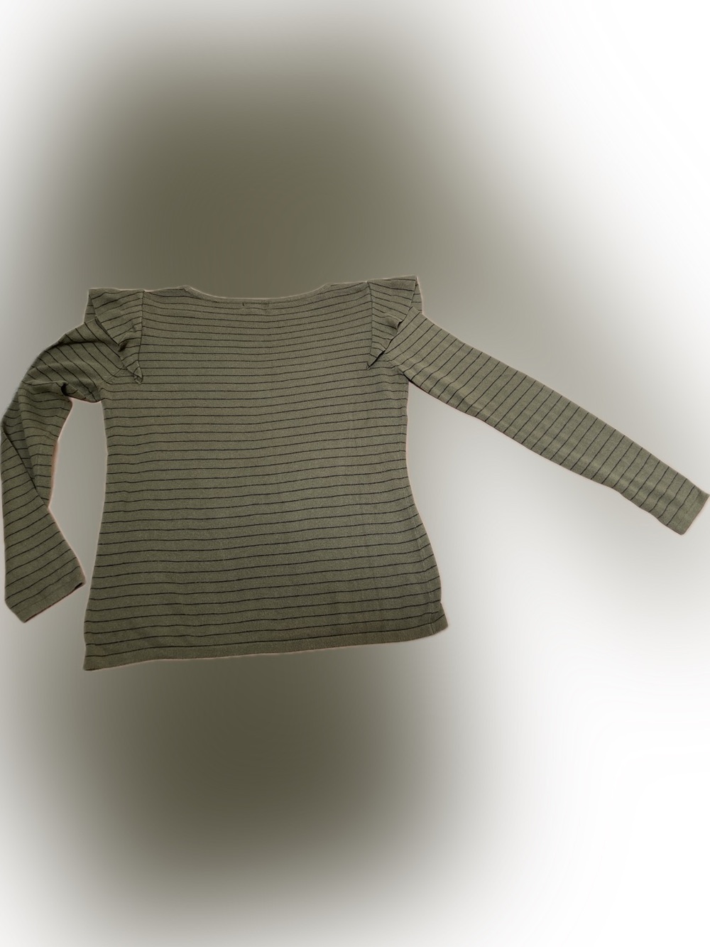 Olive green & black striped sweater with butterfly sleeve ruffles by Ana